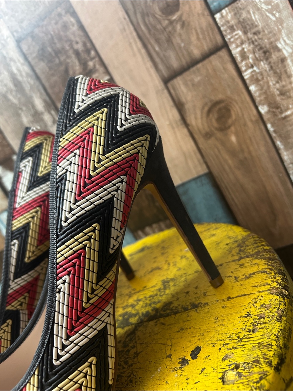 Madison Chevron Woven Pointed-Toe Stilettos in Red, Yellow, Black & White - Picture 4 of 15